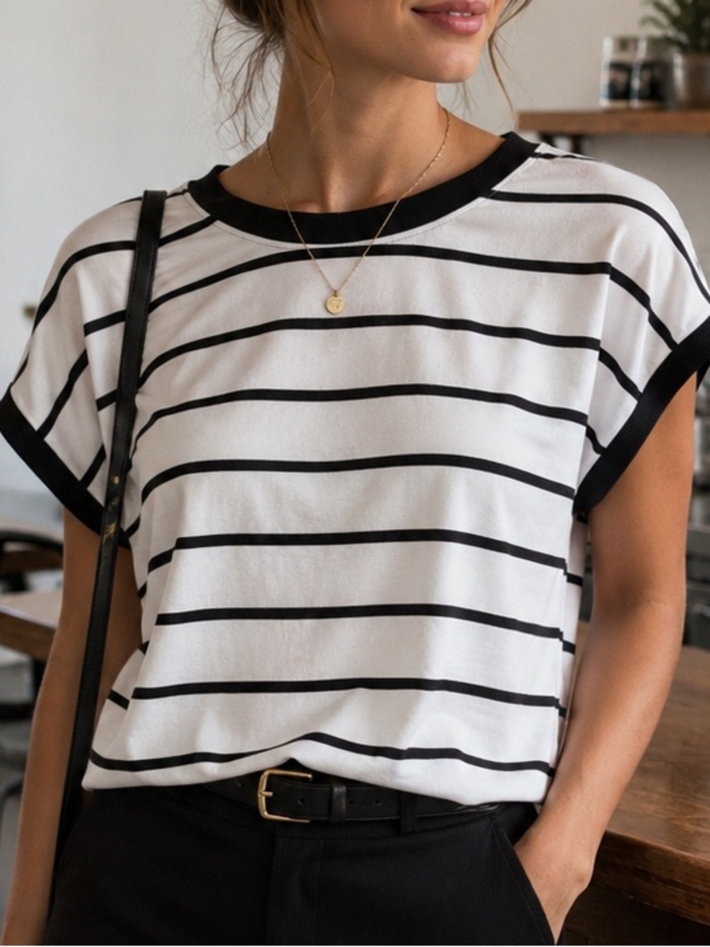 NWT MELLODAY Black and White Striped Crewneck Top
